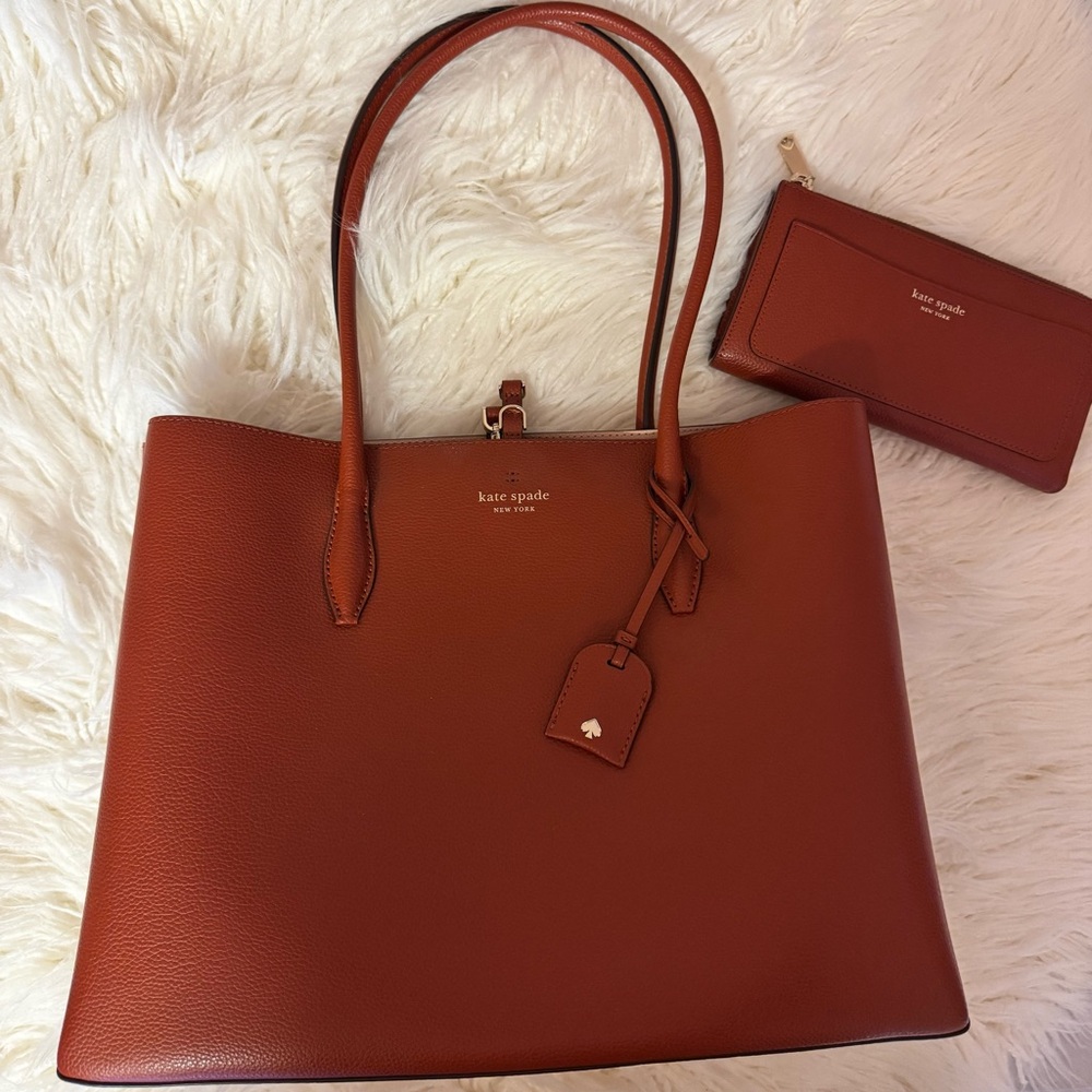 NWOT Kate Spade Eva Pebbled Leather Tote in Chestnut & Matching Side Zip Wallet